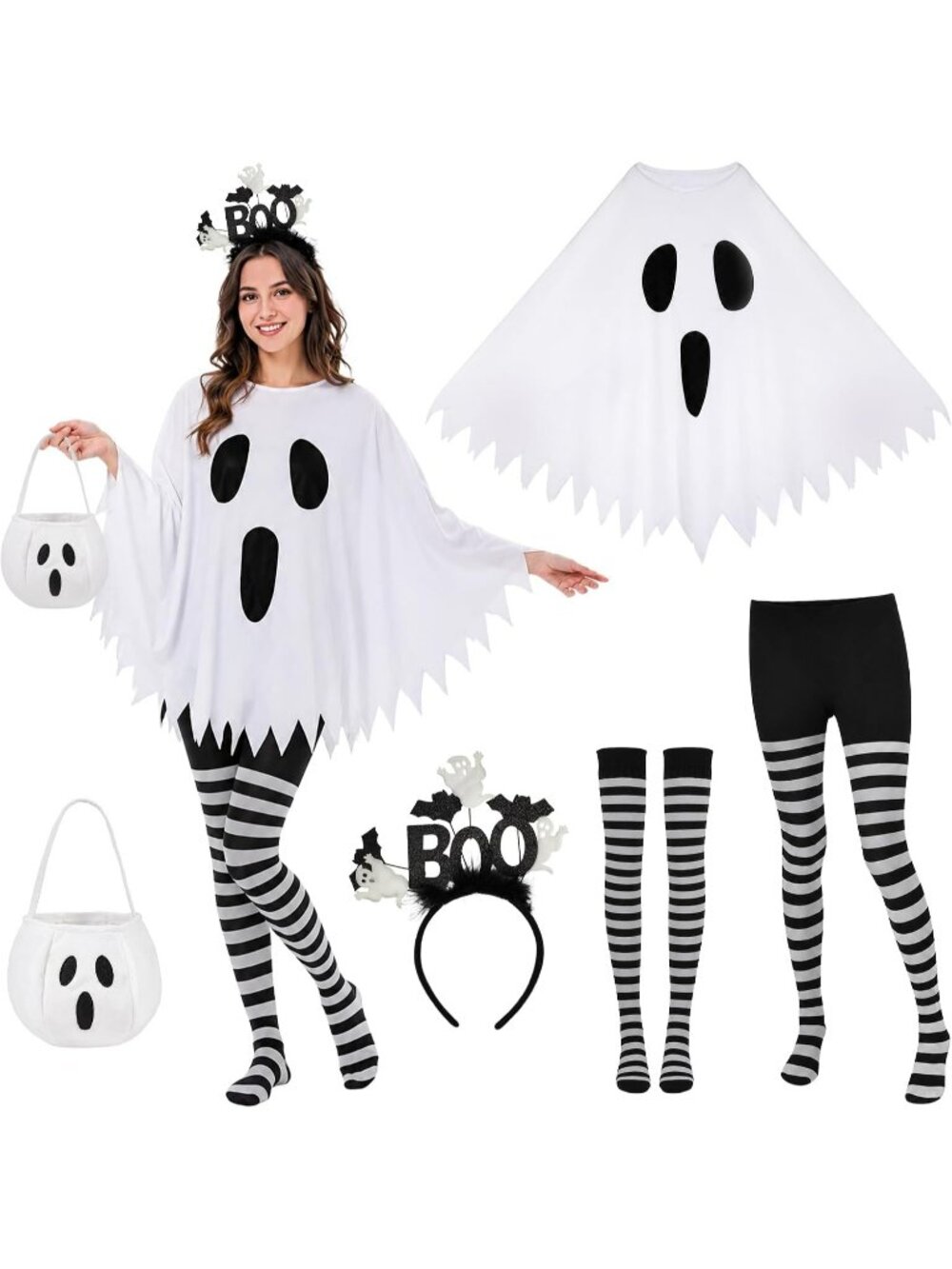 Women's White 5 PCS Ghost Poncho Halloween Costume Set Striped Tights Cosplay